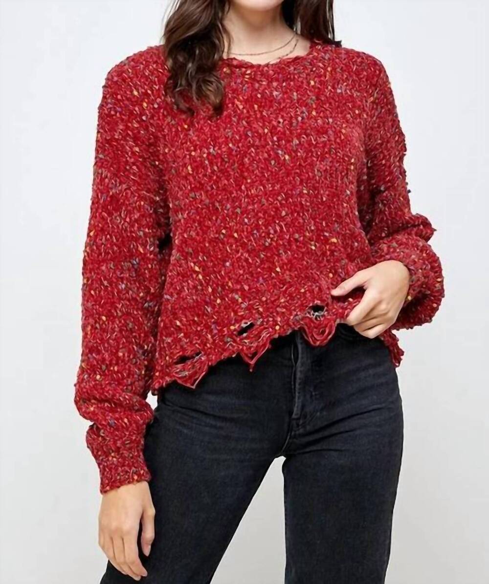 NEW SWEET GENERIS chenille popcorn distressed crop sweater in red
